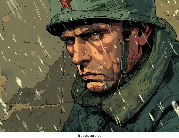 A soldier wearing a green helmet with a red star on it. He is looking down with a sad expression on his face.