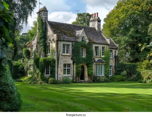 An English country house surrounded by trees and a large green lawn