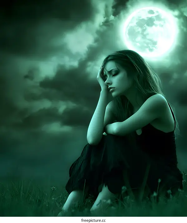 Lonely Girl Sitting Under the Moon