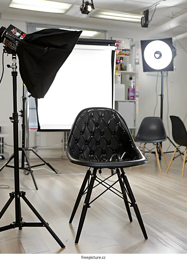 Black Chair in a Photography Studio with Lighting Equipment