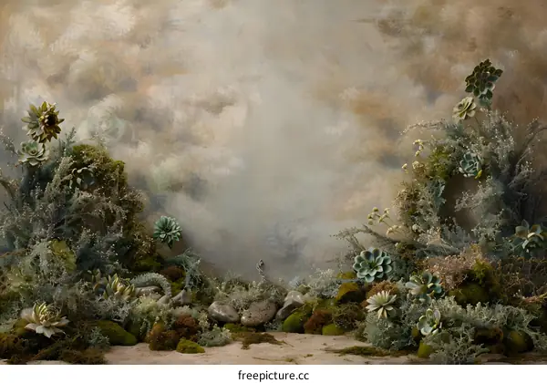 Artistic Green Succulents and Moss on a Painted Canvas