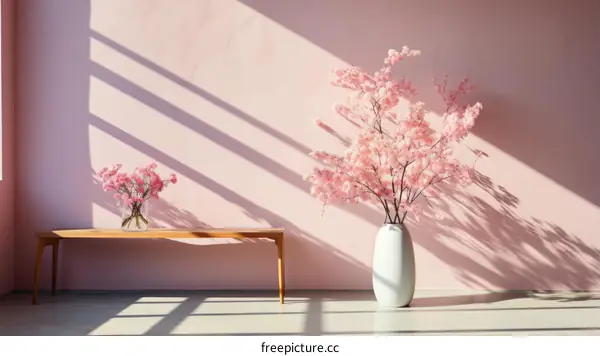 Artificial Cherry Blossom Branches in a Vase on a Pink Wall