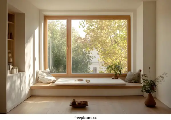 Window Seat With Wooden Frame and  Sunlight Streaming Through