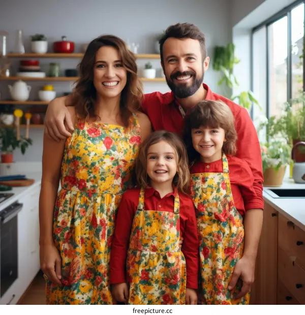 Happy family of four in the kitchen