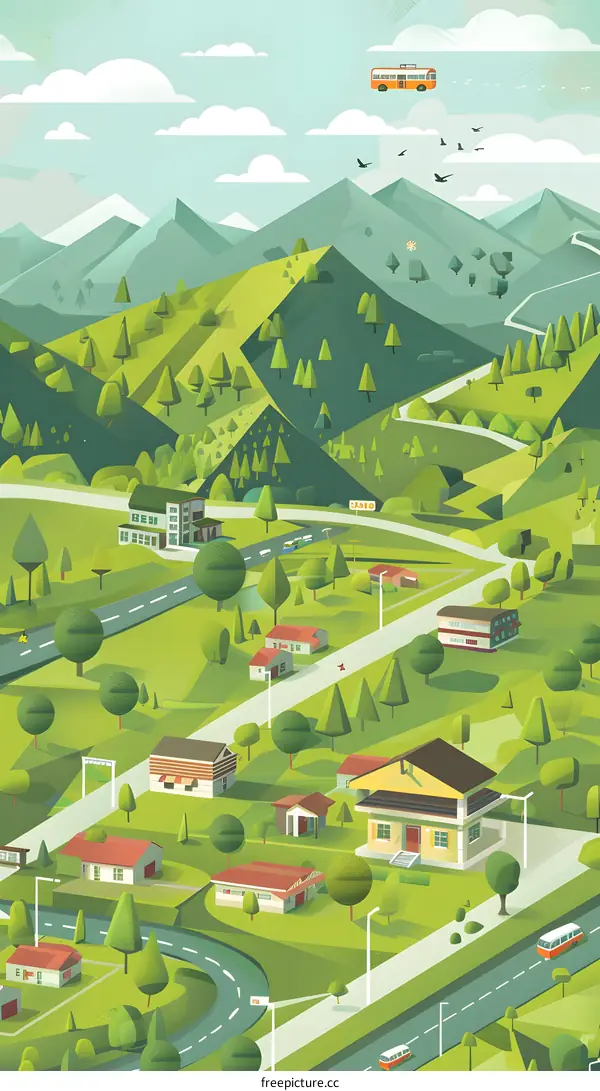 Green Town with Flying Bus and Birds in the Sky