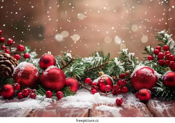 Christmas Ornaments on Snowy Wooden Table