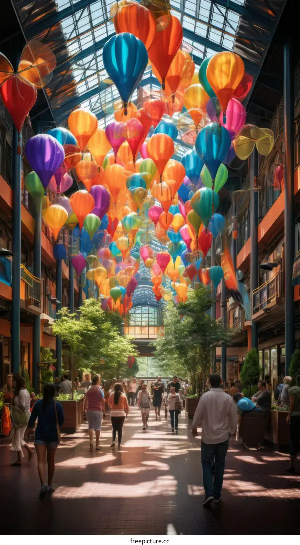 Colorful balloons fill the atrium of a shopping mall