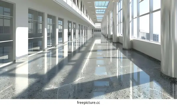 Empty Hallway Interior Design Rendering with White Walls and Glass Windows
