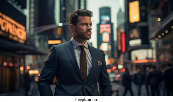 A man in a suit is walking down a busy street in the city.