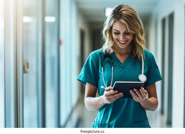Smiling Caucasian Female Nurse Using Digital Tablet in Hospital Corridor