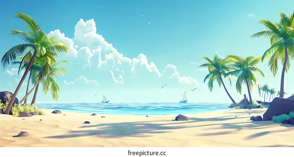 Tropical Beach Landscape With Palm Trees And Blue Sky