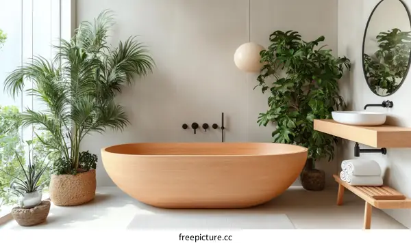 Modern Wooden Bathtub and Plants Bathroom Interior