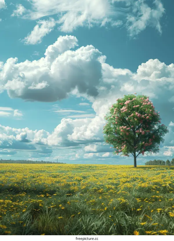 Lonely Tree in a Field of Flowers