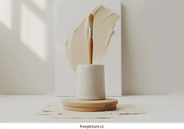 White Ceramic Container With Wooden Base and Paintbrush