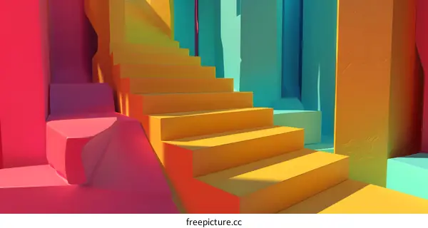 Abstract 3D Yellow Staircase with Colorful Walls