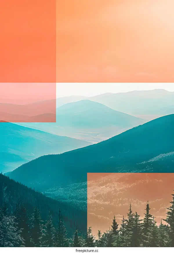 Abstract Forest and Mountain Landscape with Orange and Blue Color Palette