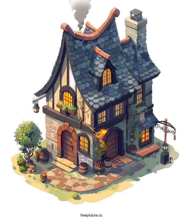 [Transparent Background PNG]Medieval House Illustration with Stone Walls and Wooden Doors