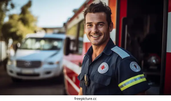 Portrait of a smiling firefighter in front of a fire truck