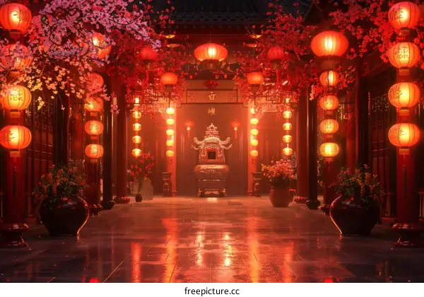 Chinese Courtyard with Red Lanterns and Pink Cherry Blossoms at Night