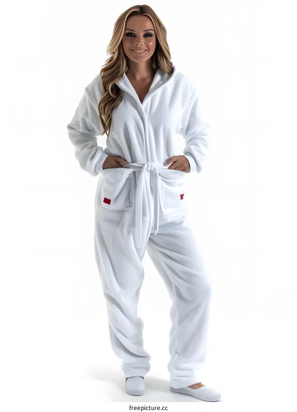 Woman in White Onesie Posing on White Background