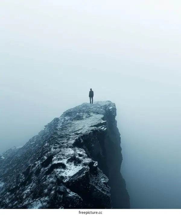 Man standing alone on a foggy cliff edge