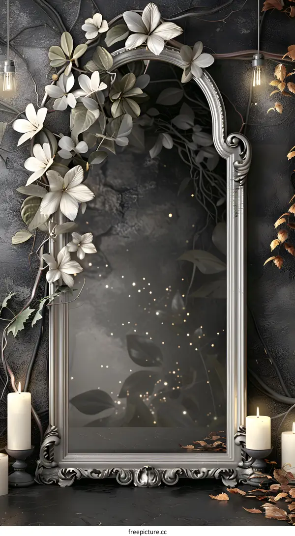 Ornate Silver Frame with White Flowers and Lights