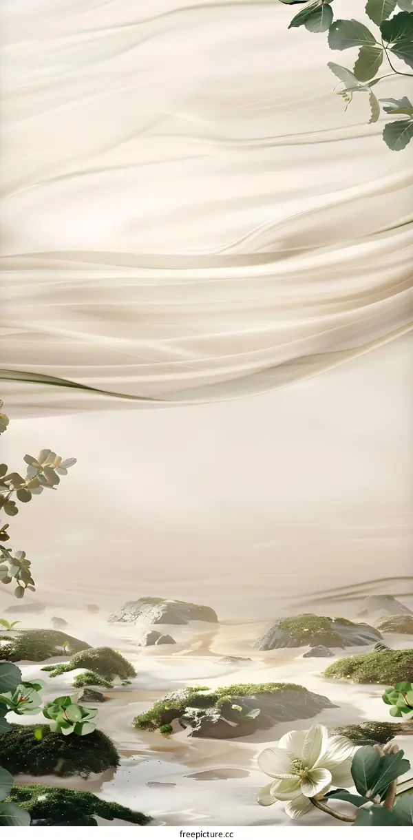 Abstract Minimalist White Flower with Green Leaves and Rocks