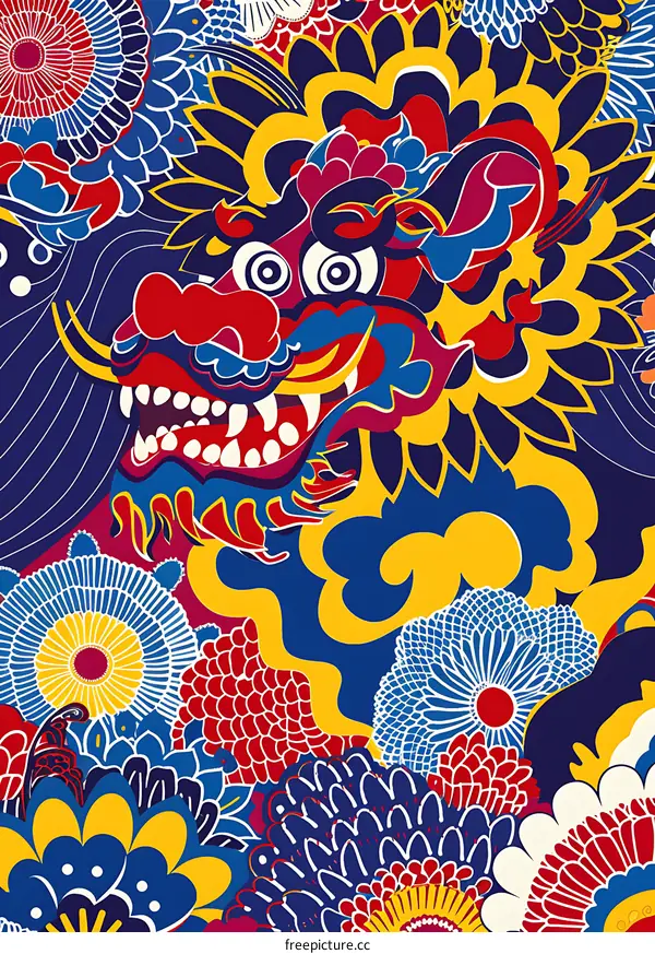 Abstract Colorful Dragon with Floral Background Design