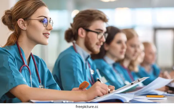 Caucasian female medical student sitting in a classroom with her peers
