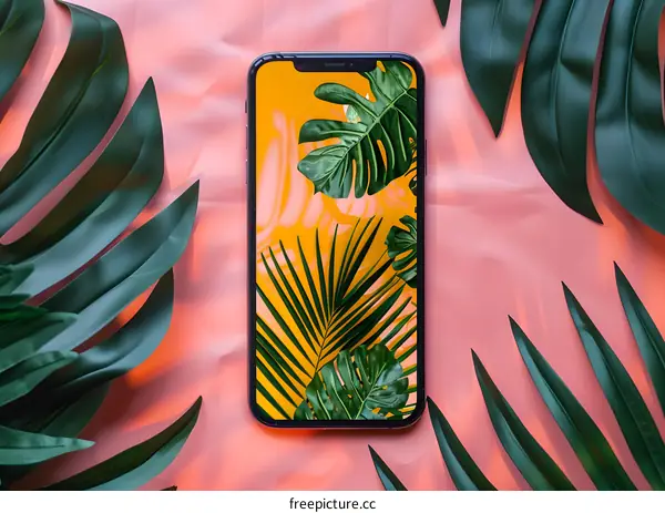 Phone Screen With Tropical Leaves Background
