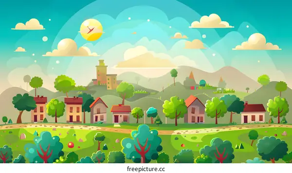 Cartoon Illustration of a Small Town with Green Grass and Trees