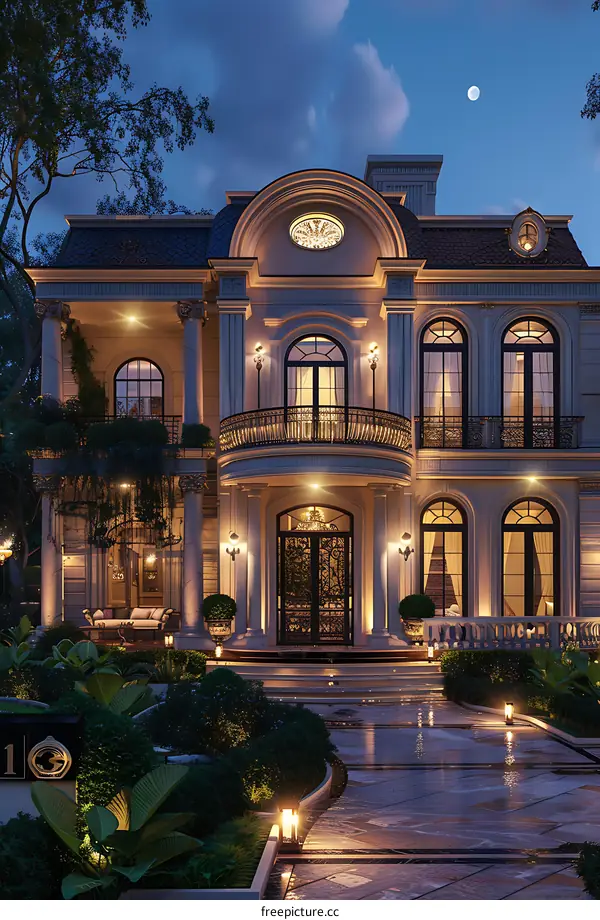 The 3D rendering shows a modern mansion with a swimming pool