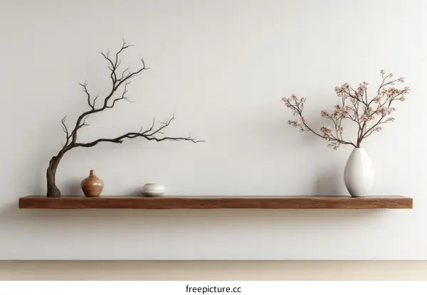 Minimalist Shelf Decor with Dry Branches and Flowers
