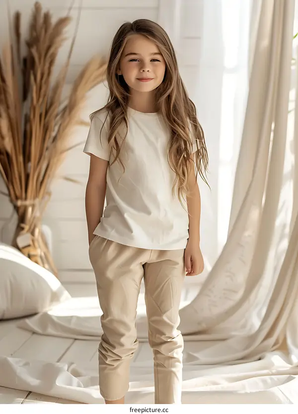 Young Girl Posing In White T-Shirt And Beige Pants