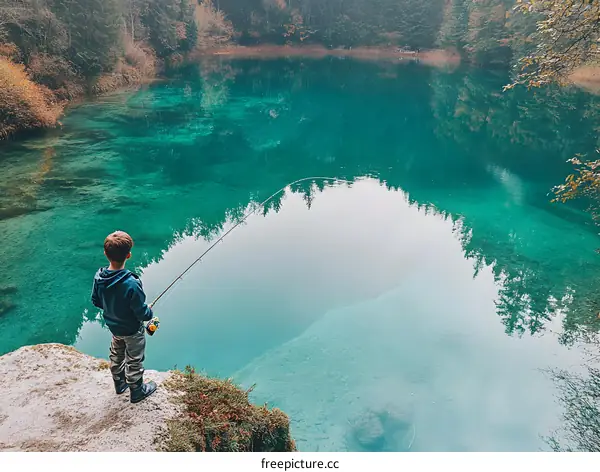 Boy Fishing on a Calm Lake in the Forest