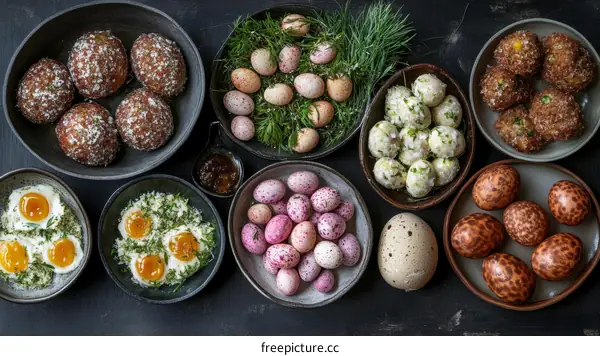Easter Brunch Food Display with Colorful Eggs