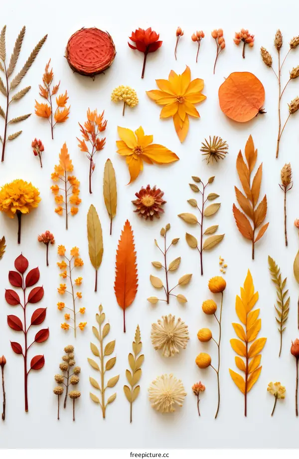 A variety of autumn leaves and flowers arranged on a white background