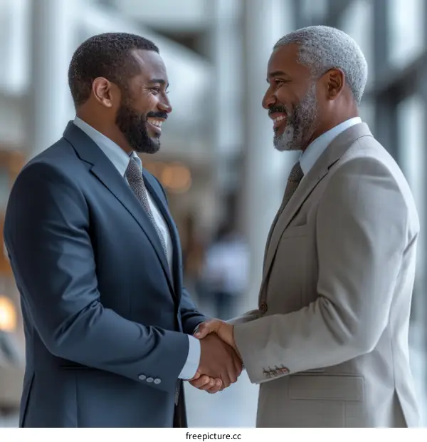 Two businessmen in suits shaking hands