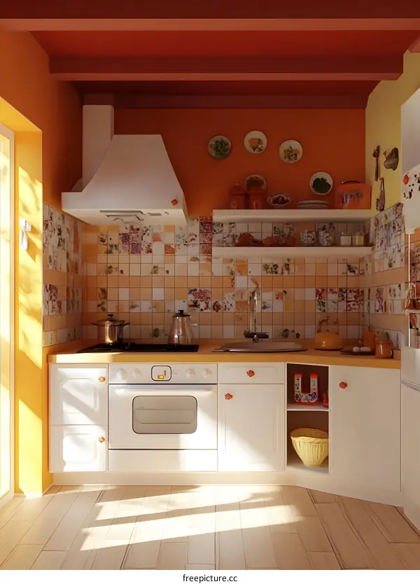 Modern Kitchen with Orange Walls and White Cabinets