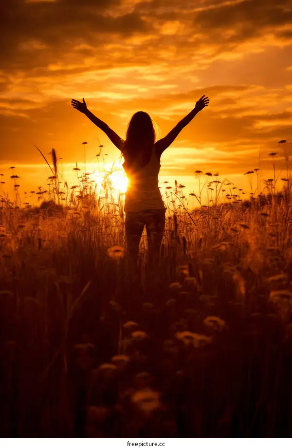 girl standing in a field of wheat with her arms outstretched enjoying the sunset