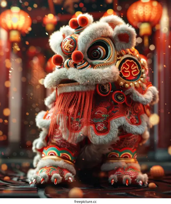 Majestic Chinese Lion with Beard and Fur Before Red Temple Lantern