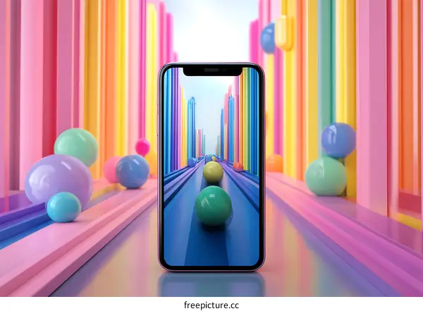 Colorful Balls on Phone Screen with Rainbow Background