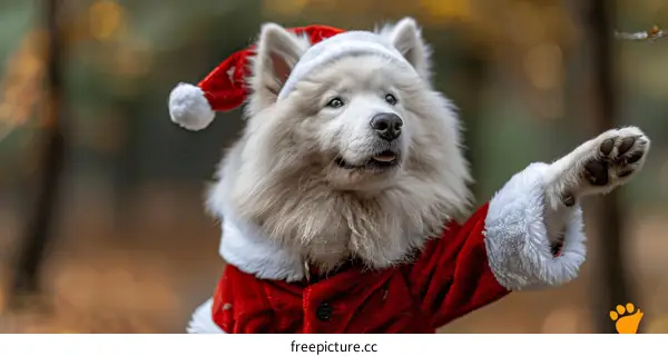 Samoyed dog wearing a Santa hat and coat