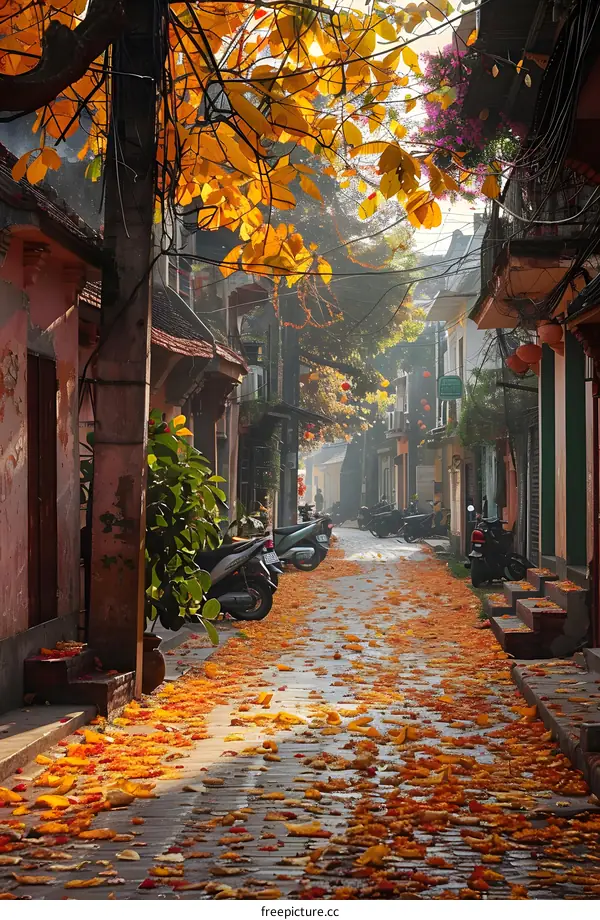 A street covered in autumn leaves