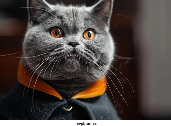 A gray cat with orange eyes is wearing a black and orange hoodie.