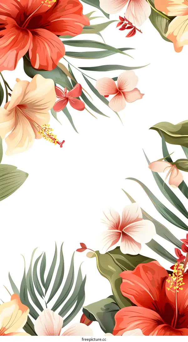 Tropical Floral Frame with Hibiscus and Palm Leaves