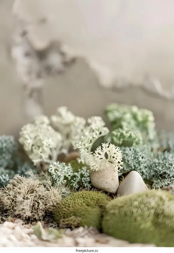 Close Up of White and Green Moss and Stones