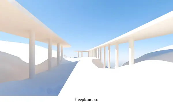 Abstract Minimalist Architecture Design with White Bridge and Columns in a Desert Landscape