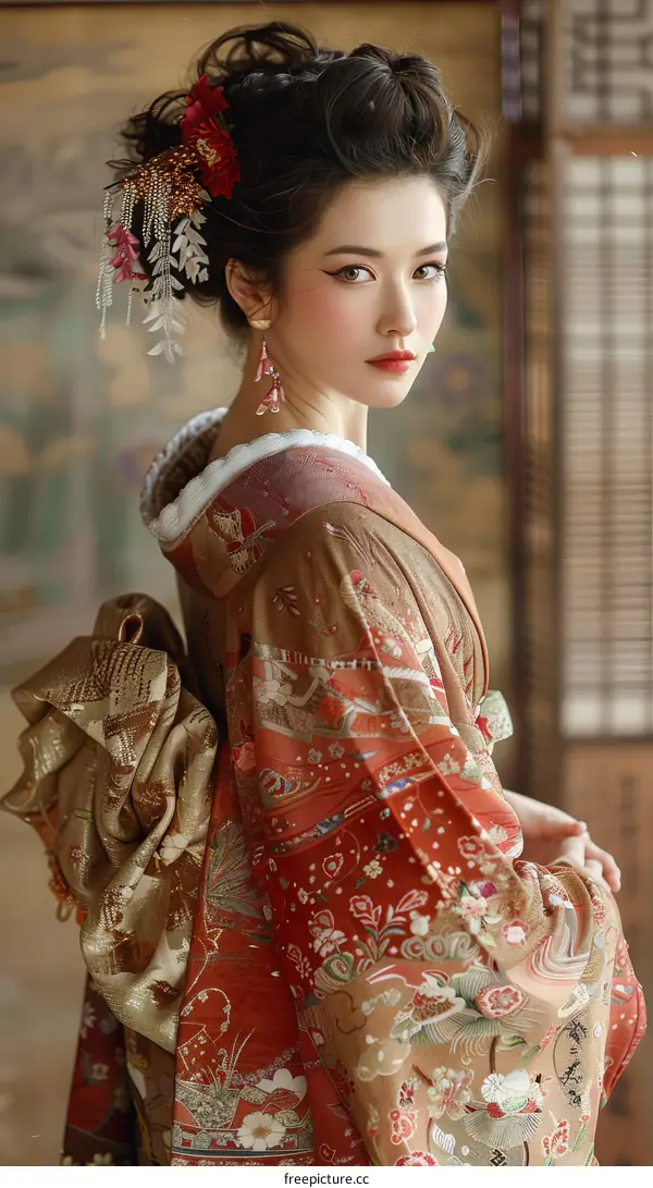Beautiful Woman Wearing Traditional Japanese Kimono