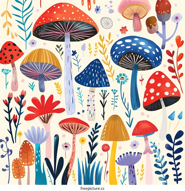 Colorful Mushrooms and Flowers Illustration